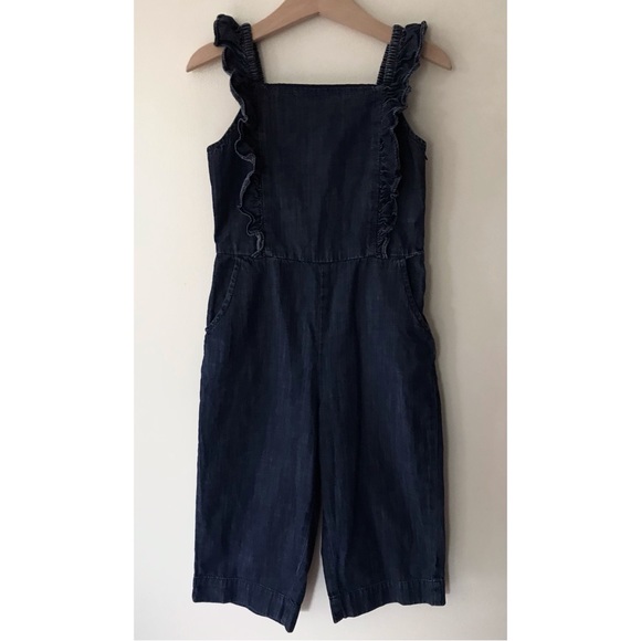 GAP Kids • 4-5 XS • Dark Denim Ruffle Front Smocked Back Crop Jumpsuit